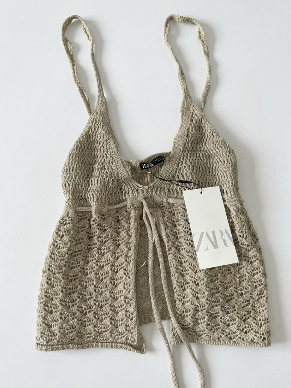 🫒NWT Zara Olive Green Crochet Tie-Front Tank Top